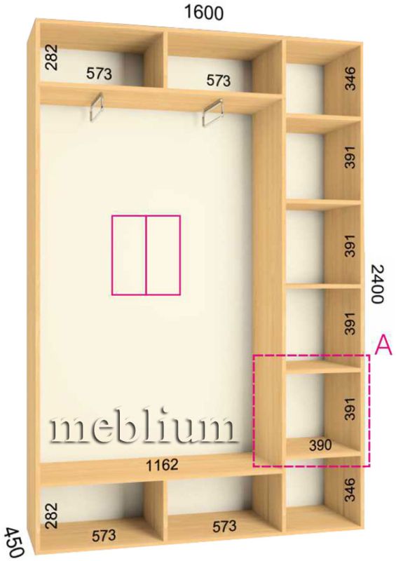 Шкаф-купе Стандарт 1600-65 Венге магия: 1 фасад - дсп венге, 1 фасад - чистое зеркало, 1600х450х2400